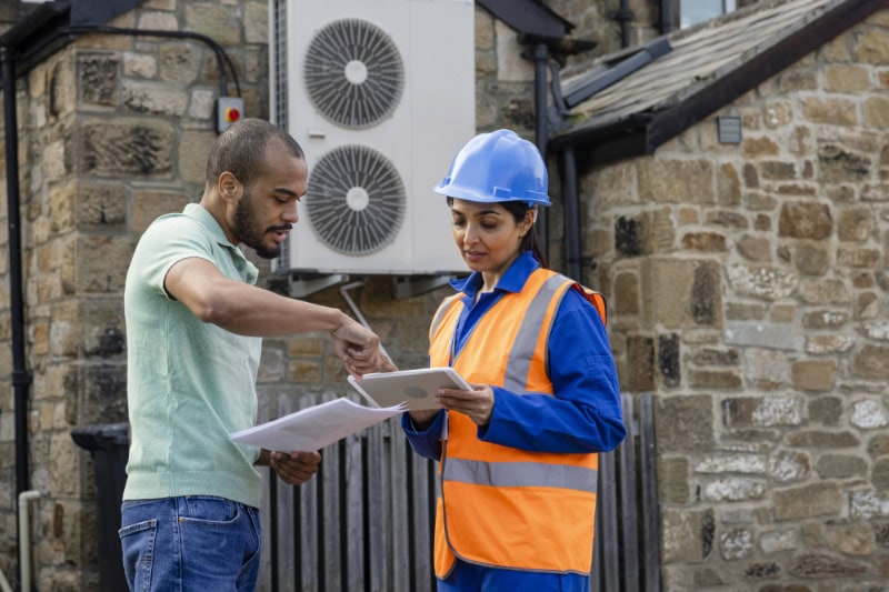 Male homeowner discussing his heat pump installation with HVAC technician.